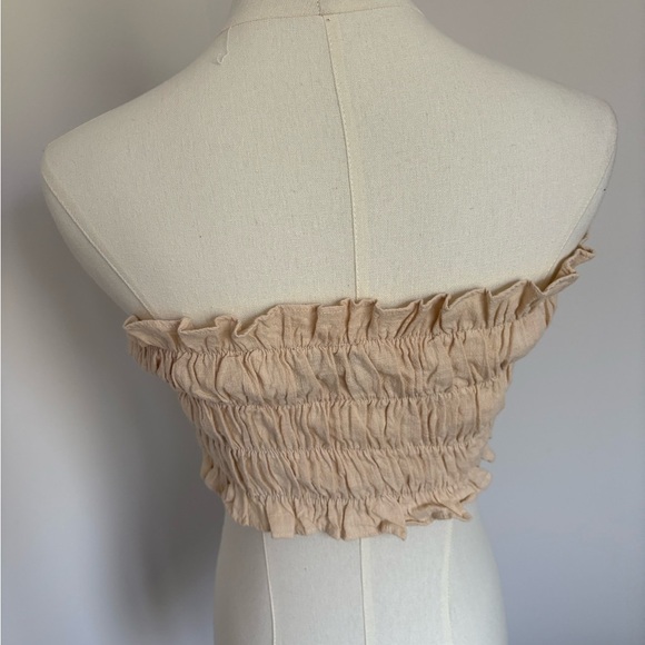 Tan Smocked Ruffled Sleeveless Crop Top - Picture 3 of 6